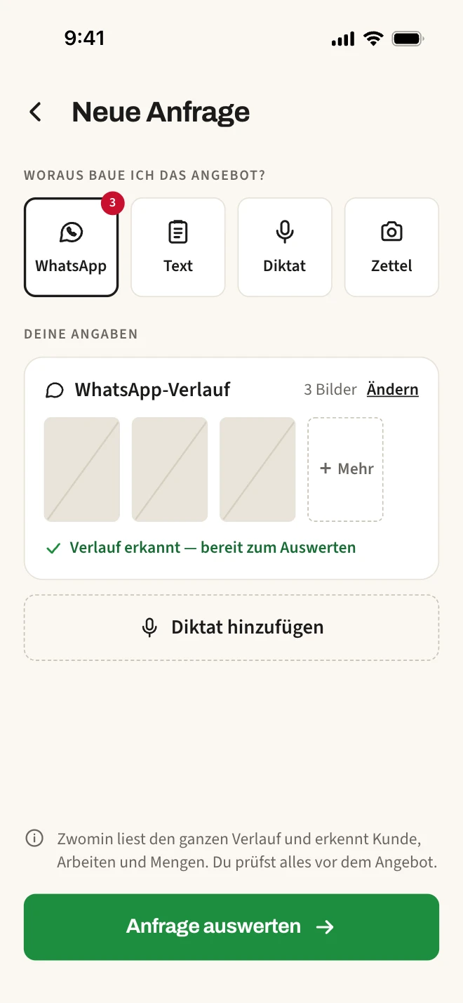 App-Ansicht „Neue Anfrage“: eine eingegangene Kundenanfrage in Werkzunft Zwomin
