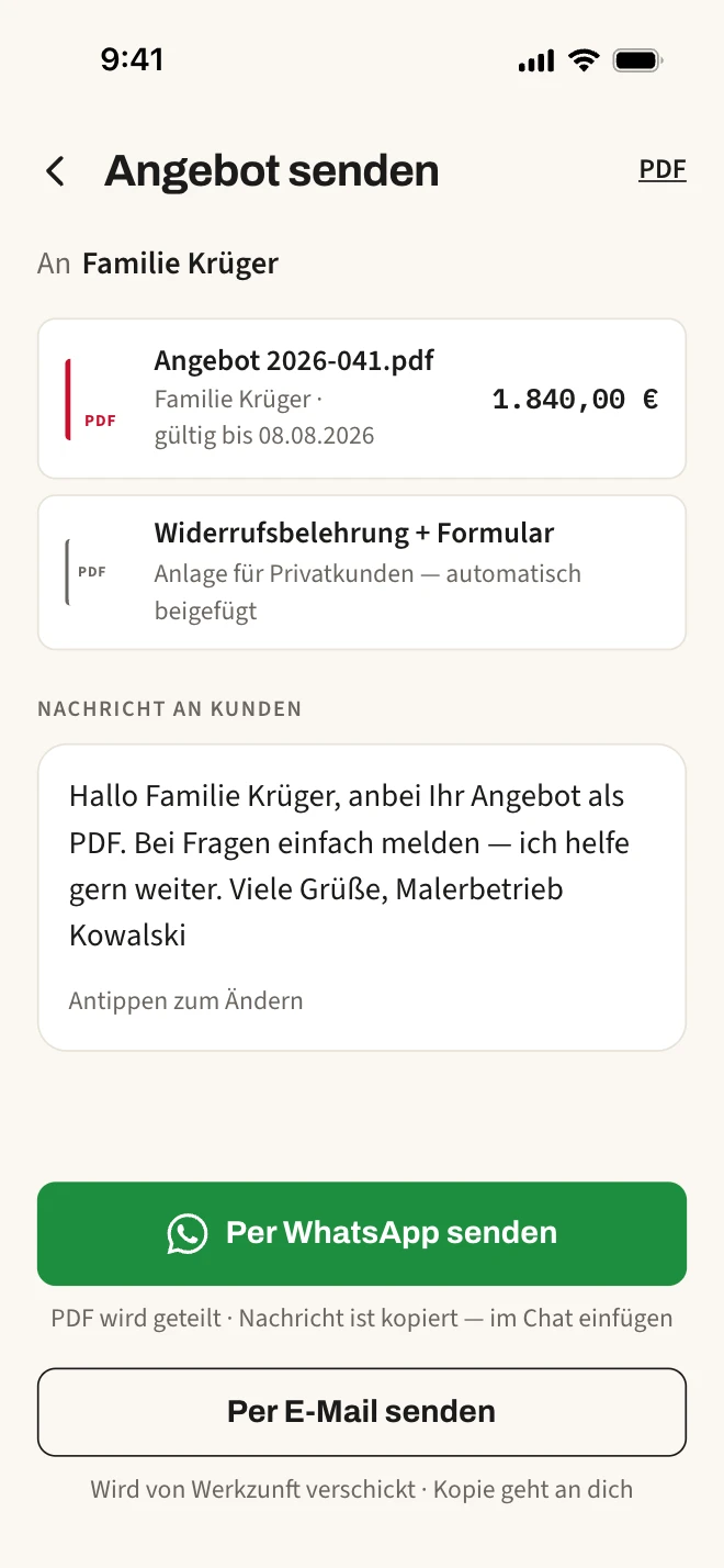App-Ansicht „Angebot senden“: das fertige Angebots-PDF vor dem Versand